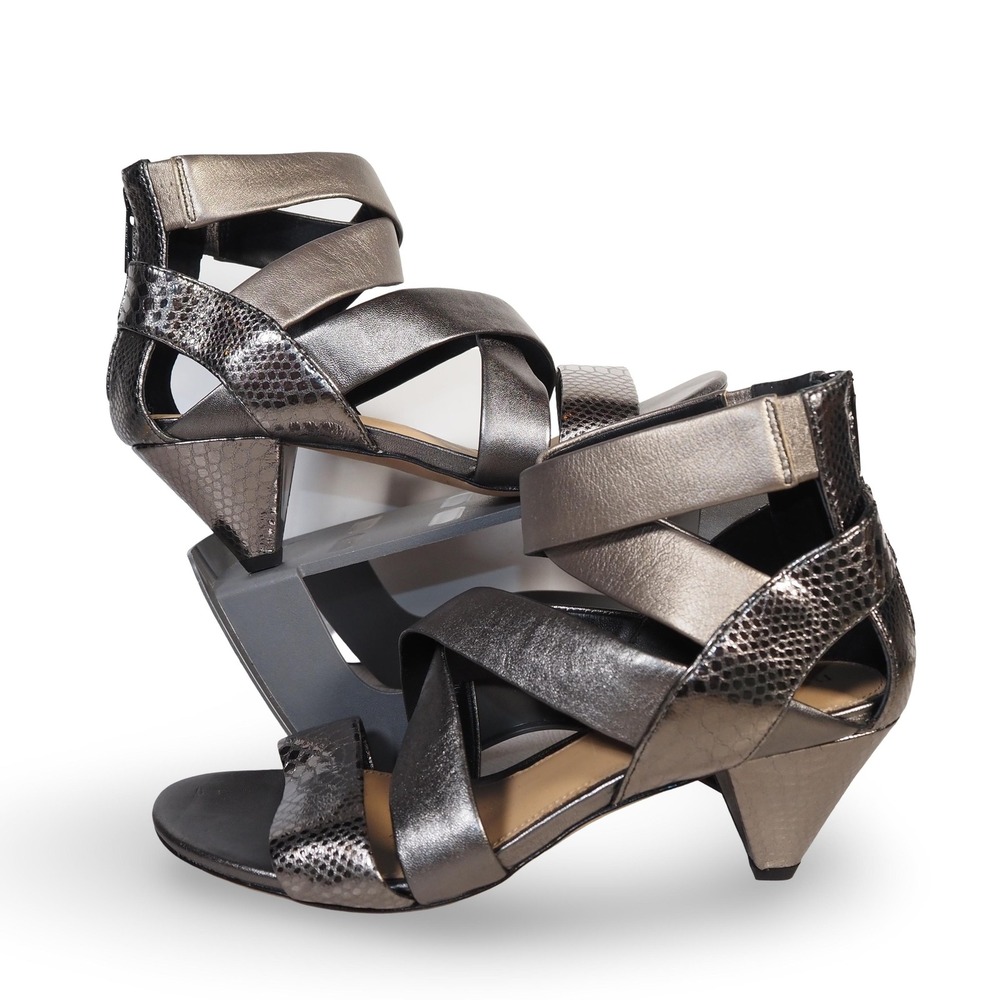 Donald Pliner Dalas Strappy Sandal Heels Womens 8M Gunmetal Metallic Snakeskin